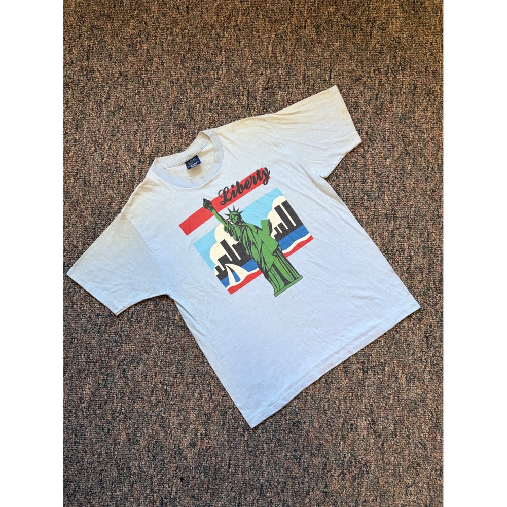 Vintage 90s Liberty Statue of‎ Liberty Graphic T Shirt Mens XL Blue Made in USA